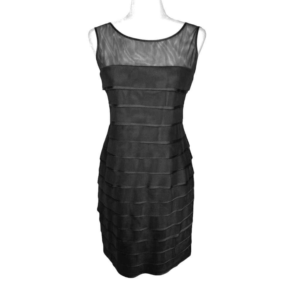 Evan PiconeTiered Cocktail Dress Women Size 6 Petite LBD Illusion Neck Black